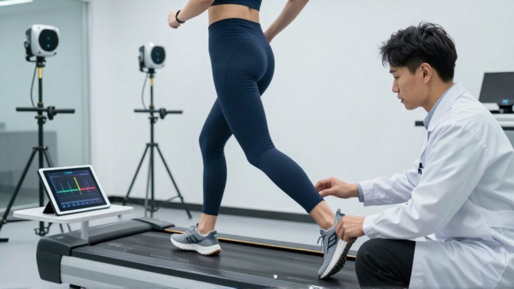 A sports biomechanist observes a female runner's gait on a high-speed treadmill in a laboratory.