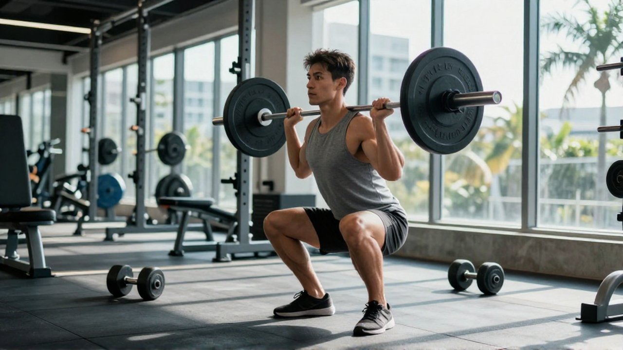 A focused athlete performs a barbell squat in a sunlit, high-end gym overlooking a city.