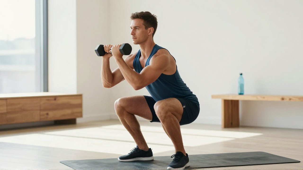 A focused athlete performs a dumbbell goblet squat with perfect form in a bright, modern home gym.