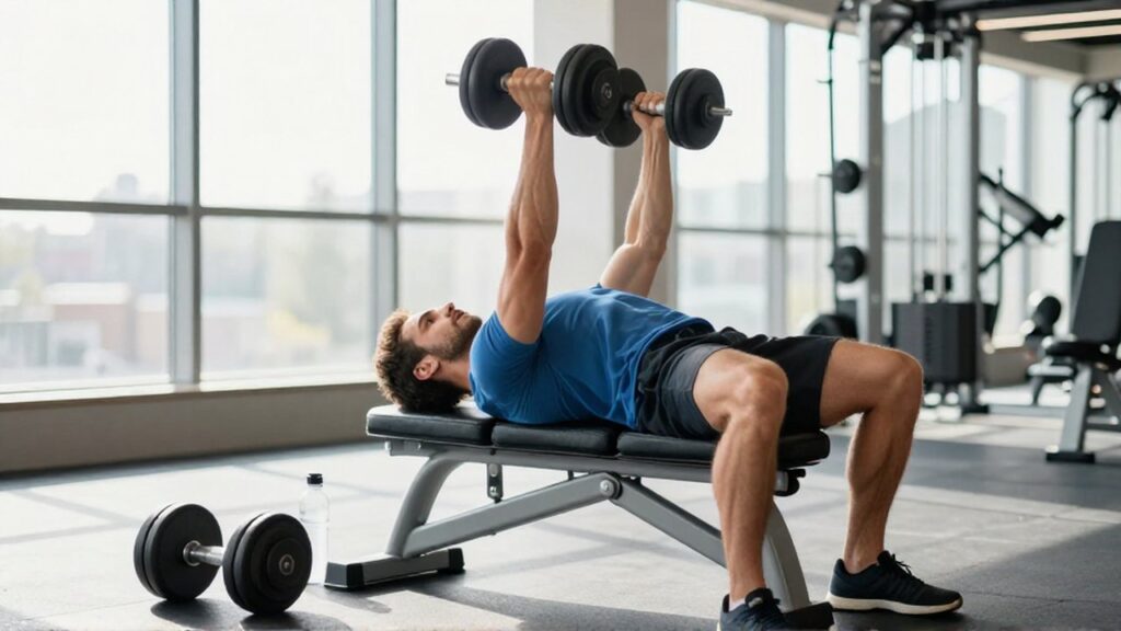 A fit man performs a dumbbell chest press on a weight bench in a bright