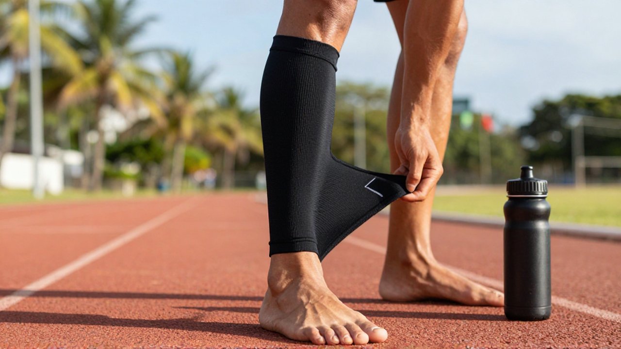 A close-up shot of an athlete pulling up a black compression sleeve on a sun-drenched running track.