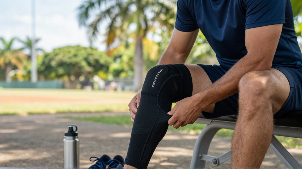 A male athlete sits on a weight bench at an outdoor park, adjusting a black compression sleeve on his calf.