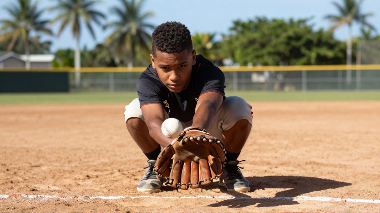 A young baseball player prepares to catch a spinning ball in a sunlit dirt infield.