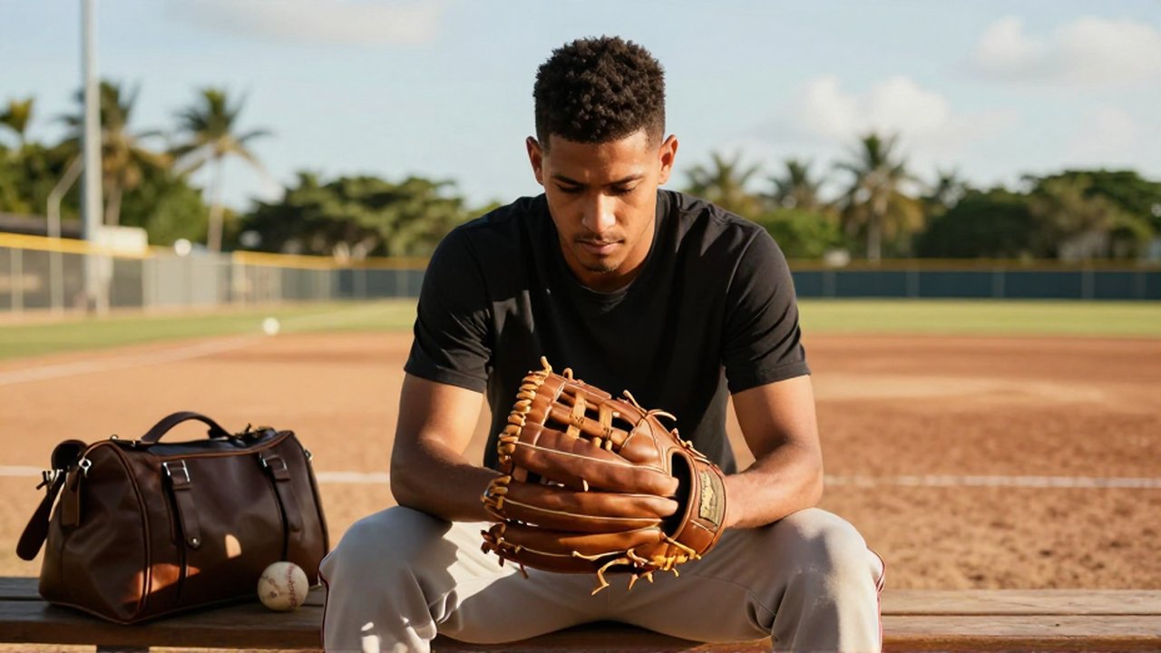 A young baseball player sits on a wooden bench examining a leather glove in a sunlit training field.