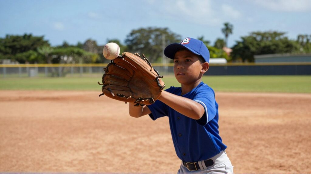A young boy in a baseball uniform catches a ball with a leather glove during practice.