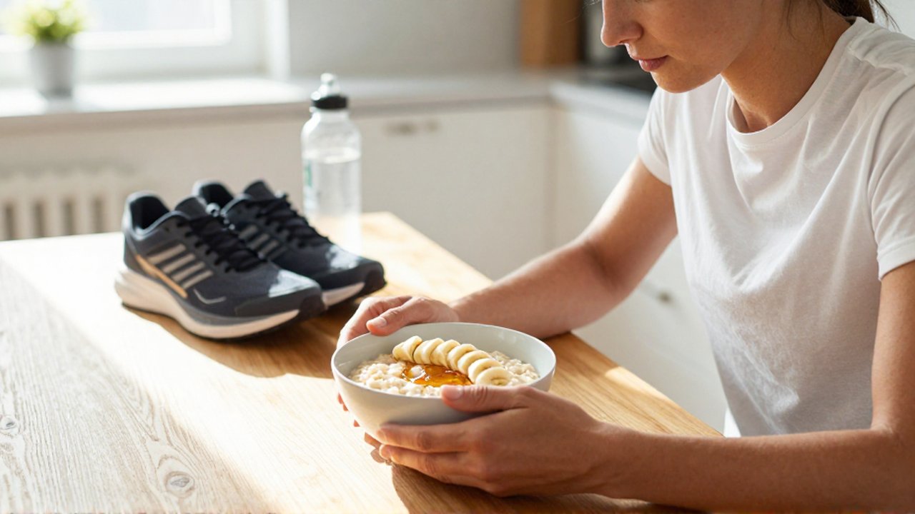 A runner prepares a bowl of oatmeal with banana and honey in a sunlit kitchen.