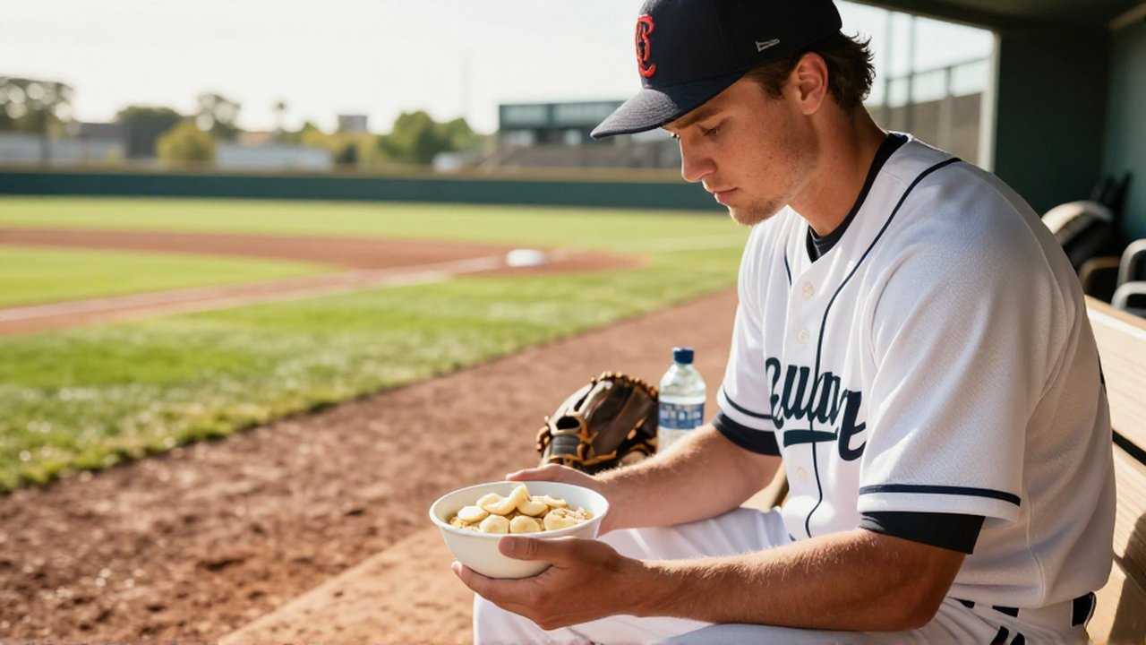 An athletic baseball player sits in a sunlit dugout preparing a healthy breakfast meal.