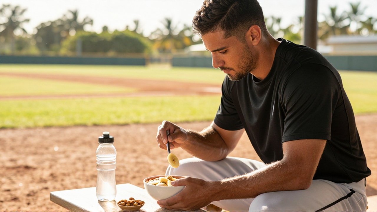 A baseball player sits on a bench eating a bowl of oatmeal and fruit before training.