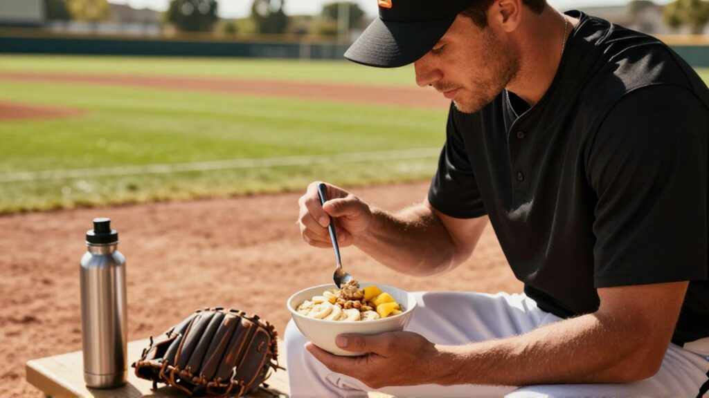 A professional baseball player sits on a dugout bench eating a bowl of oatmeal.