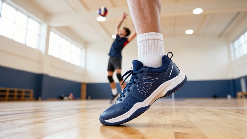A professional volleyball player jumps to spike a ball in a brightly lit indoor gymnasium.