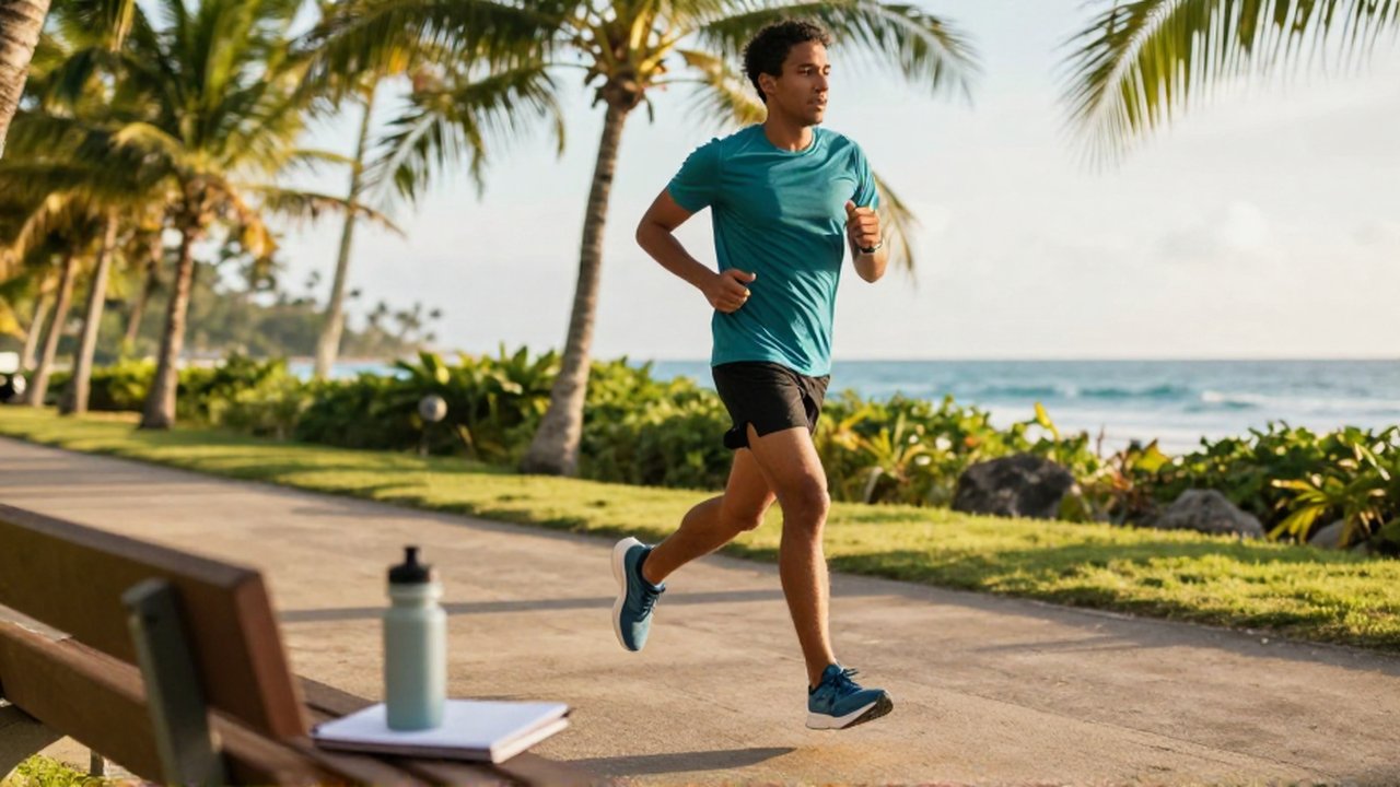 A focused runner strides along a scenic tropical coastal path near a wooden bench.