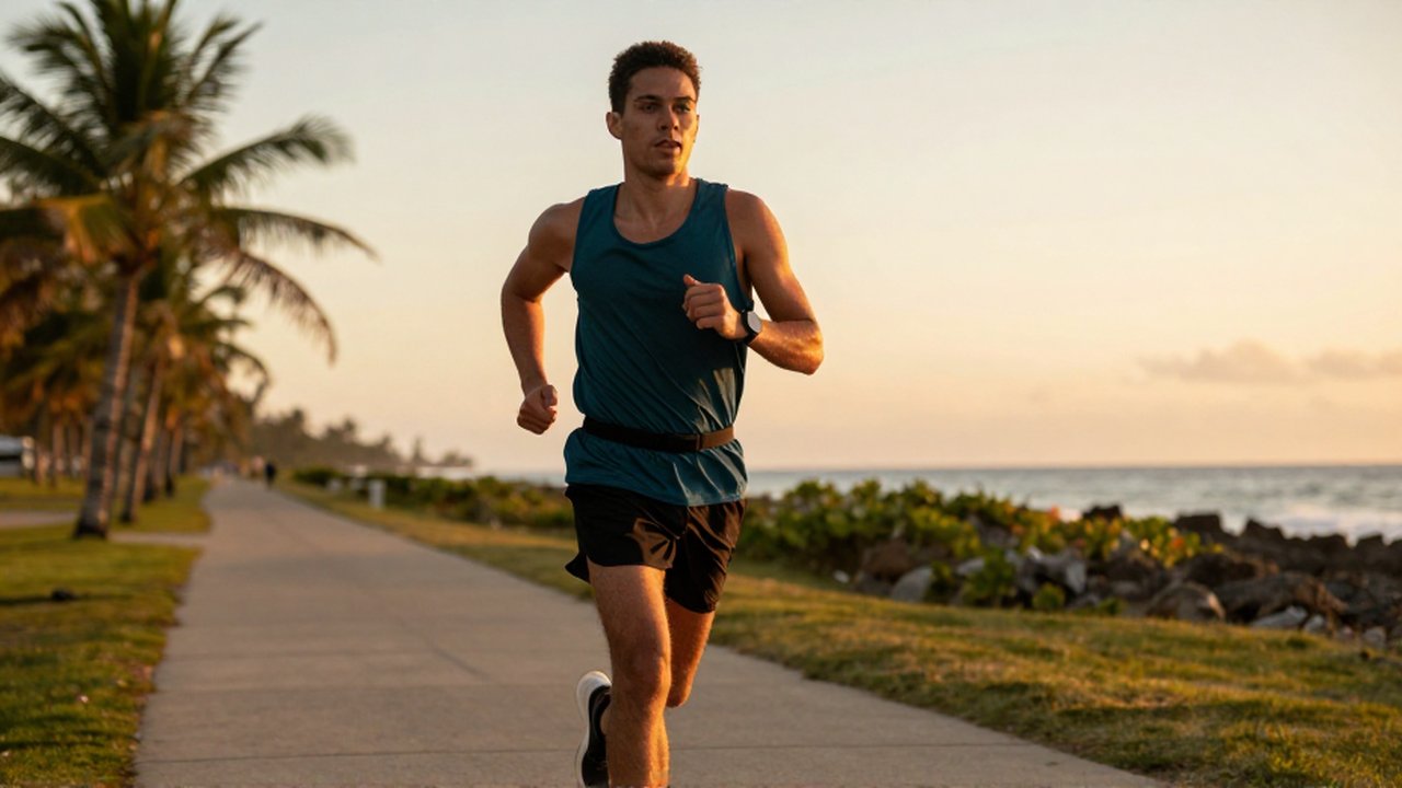 A focused endurance runner maintains a steady stride on a coastal tropical path during sunset.