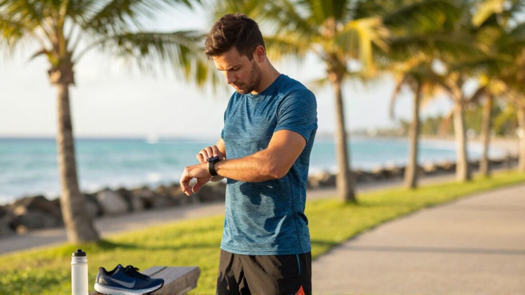 A side profile of a runner pausing on a coastal path to check their smartwatch.