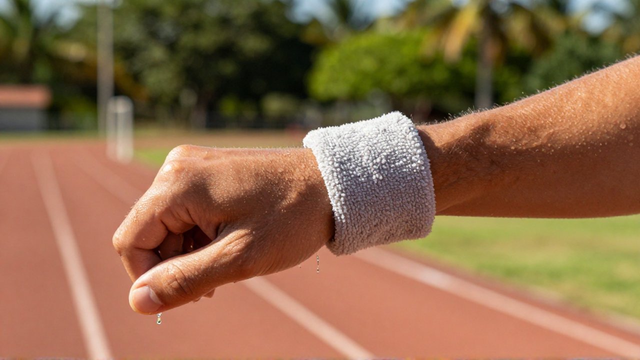 A muscular athlete wipes sweat from their forearm using a textured terry cloth wristband.