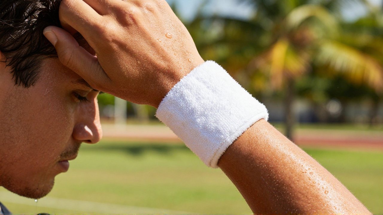 A muscular athlete wipes sweat with a white terry cloth wristband during outdoor training.