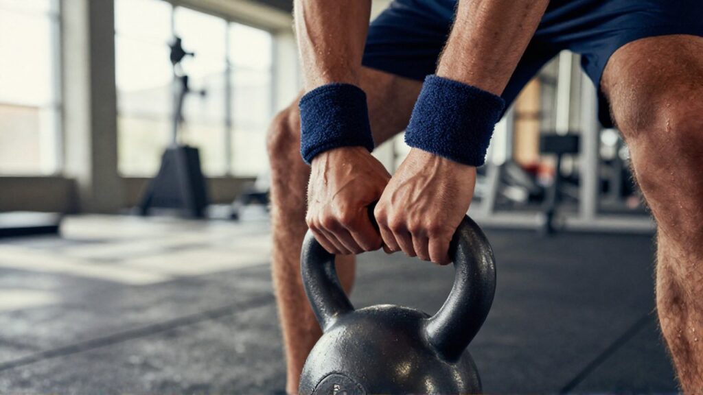 A person's hands grip a kettlebell while wearing thick