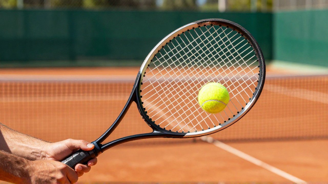 Close-up of a person's hands holding a tennis racket on an outdoor clay court.