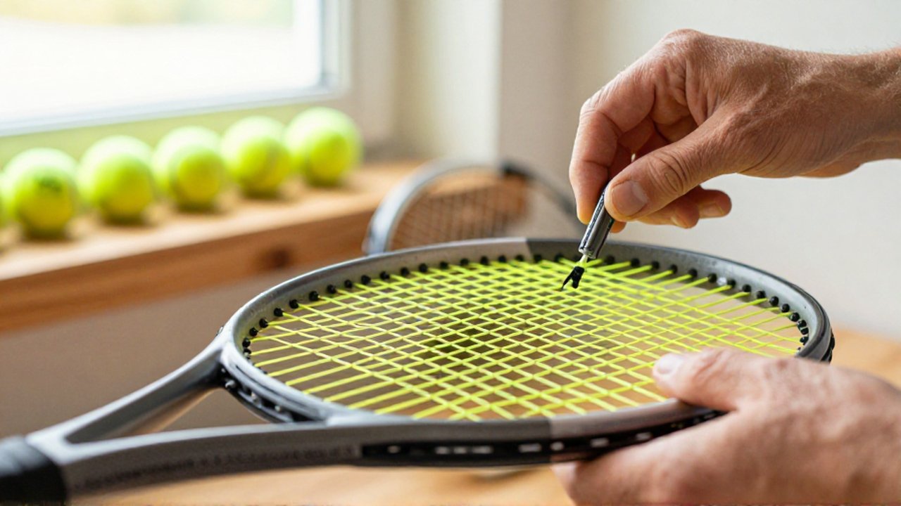 A technician's hands use a manual machine to tension neon yellow strings onto a tennis racket.