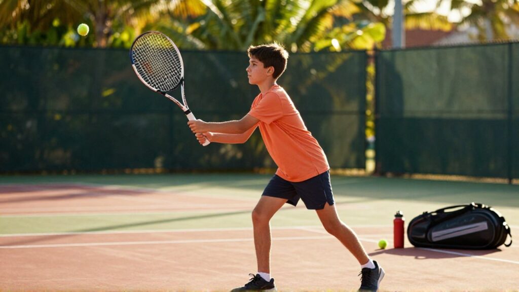 A focused beginner prepares to swing a tennis racket on a sun-drenched outdoor court.