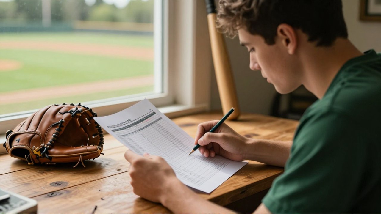 A young baseball enthusiast sits at a desk, intently studying and marking a printed statistical box score.