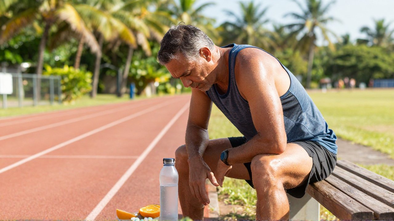 A tired middle-aged athlete rests on a bench beside a sports bottle and orange slices on a sunny running track.