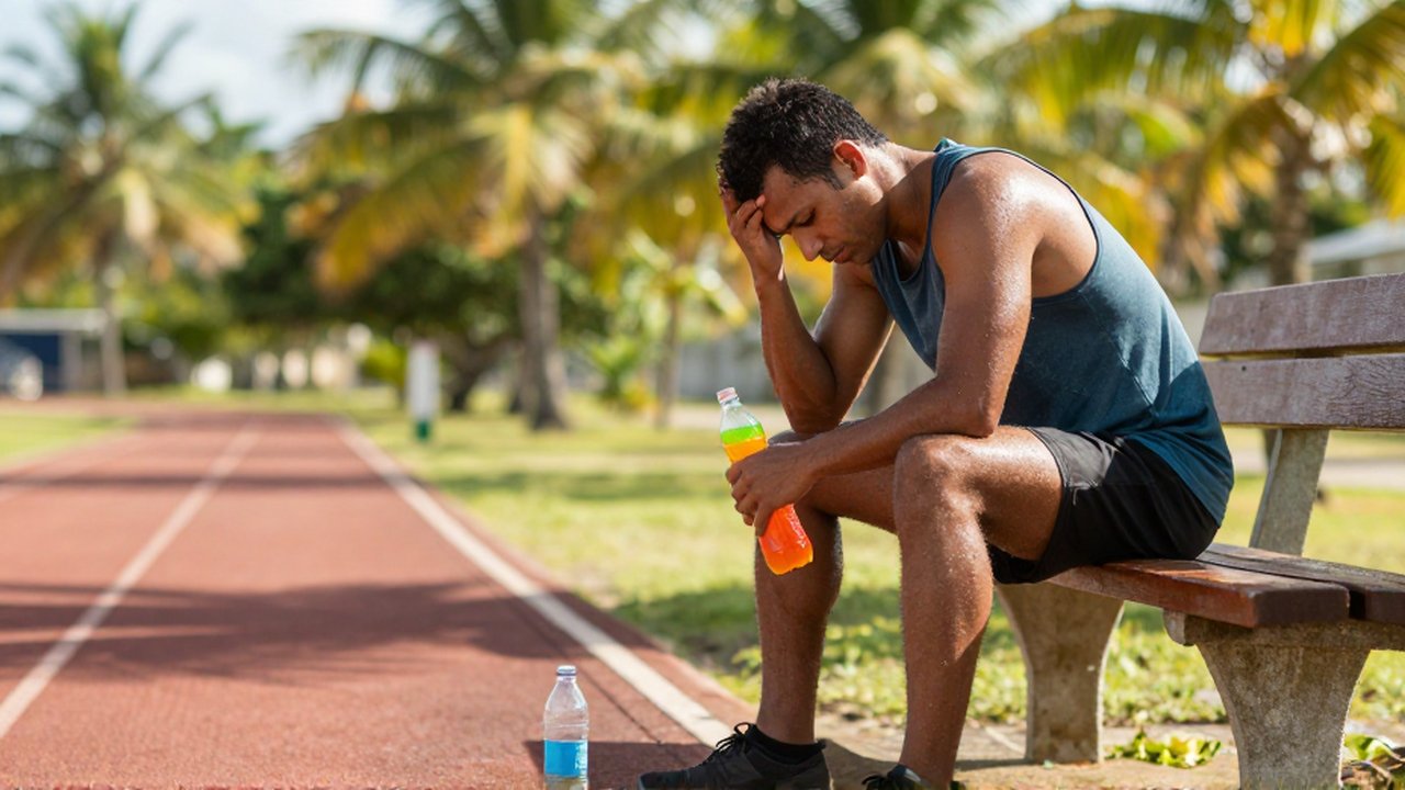 A tired, sweaty athlete sits slumped on an outdoor track bench holding a soda bottle instead of water.