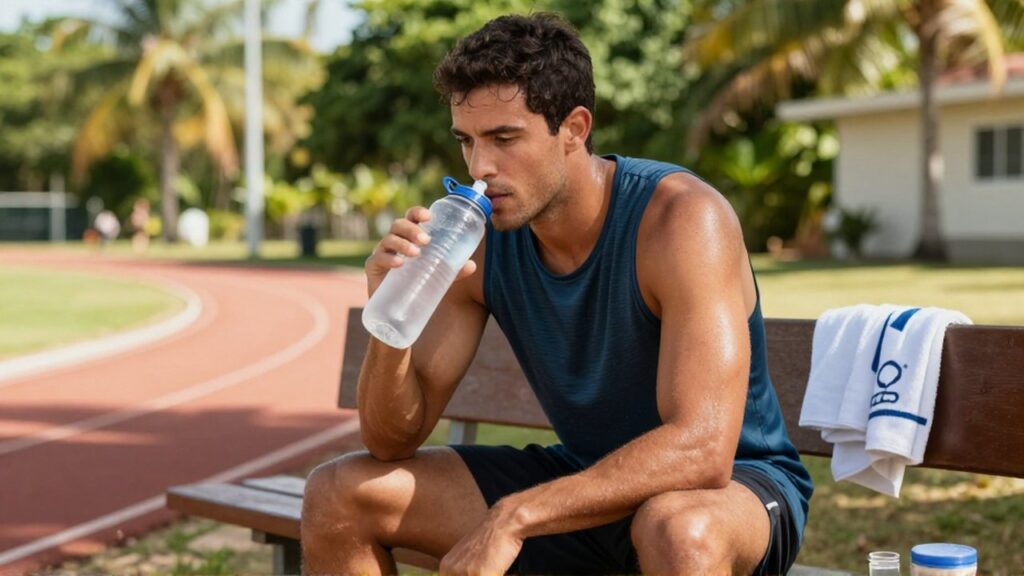 A sweaty male athlete sits on a bench at a sun-drenched track