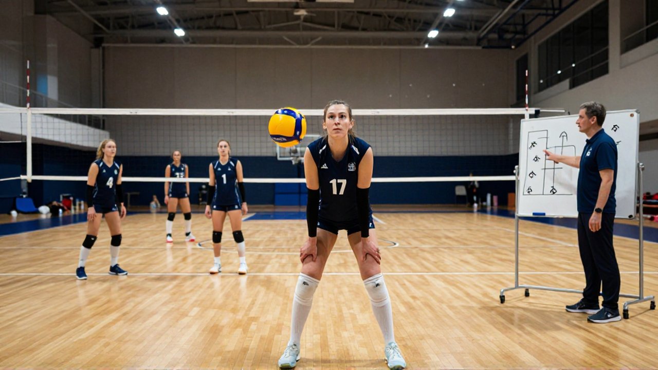A female volleyball player stands in a ready stance on a court near a coach using a tactical whiteboard.