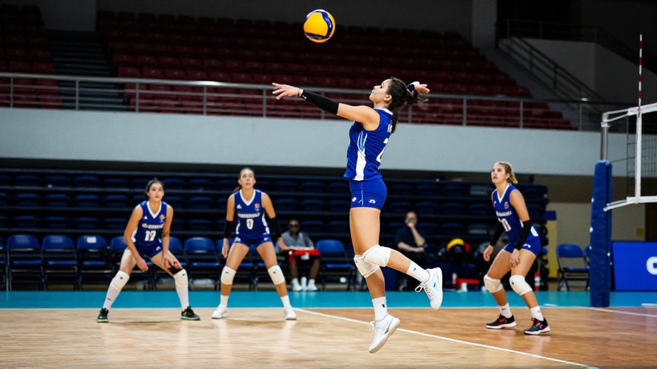 A female volleyball player jumps high to spike the ball during an indoor match.