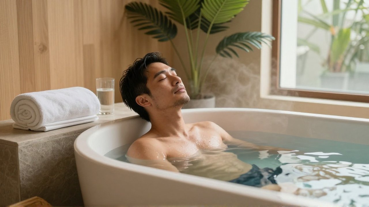 A professional athlete rests with eyes closed in a steaming bathtub within a minimalist home spa.