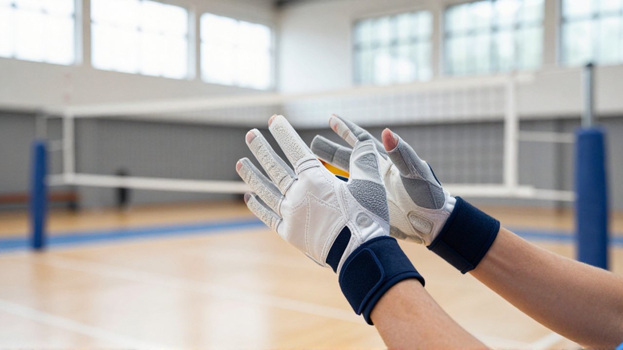 Close-up of a volleyball player's gloved hands preparing to deflect a ball on an indoor court.