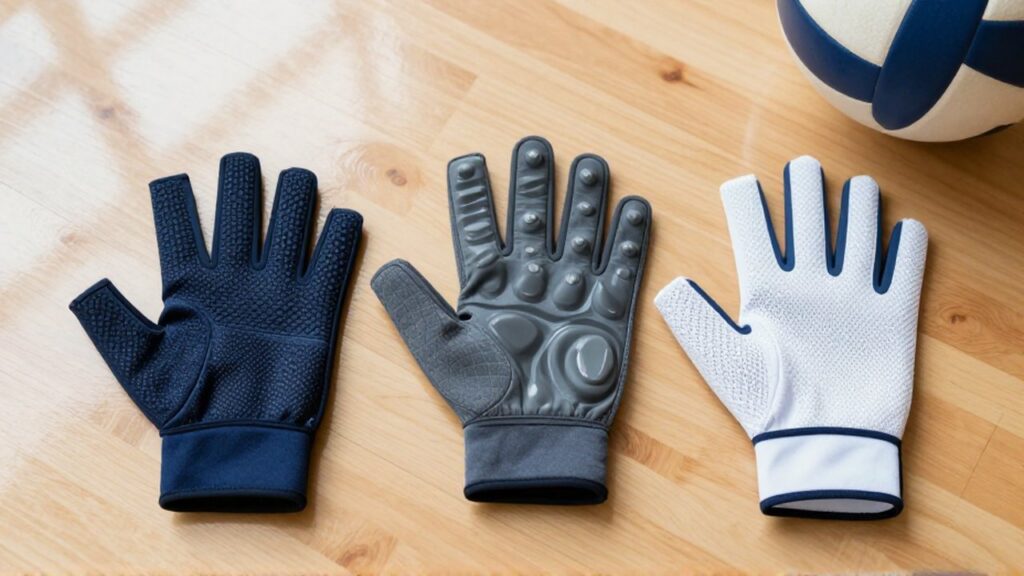 Three different styles of volleyball gloves laid out on a wooden gymnasium floor.