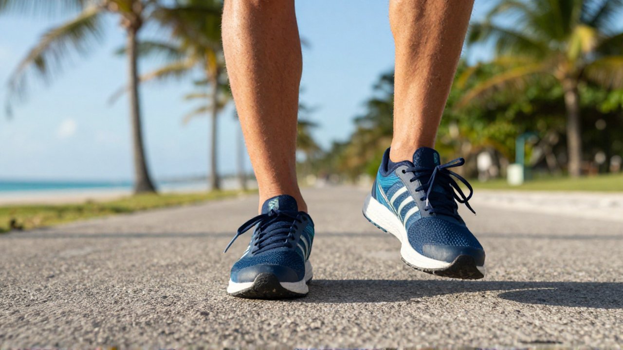 Close-up view of a runner's feet mid-stride on a coastal path, comparing neutral and stability shoes.