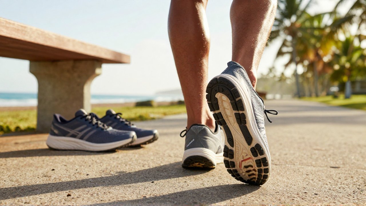 A runner's foot strikes a paved path beside a neutral and a stability shoe on a bench.