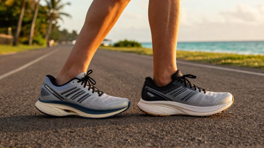 Side-by-side comparison of a cushioned neutral running shoe and a firm stability shoe on an asphalt track.