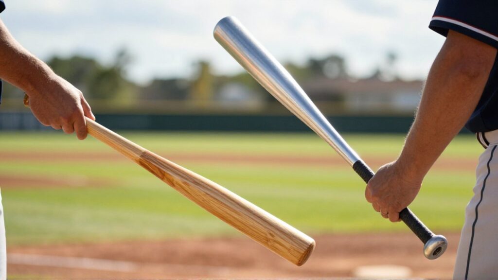 A baseball player compares the texture and weight of a wooden bat and an aluminum bat in a dugout.