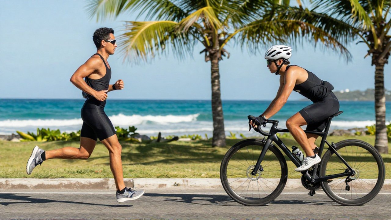 Split-screen view of an athlete running and cycling along a sunny tropical coastal road.