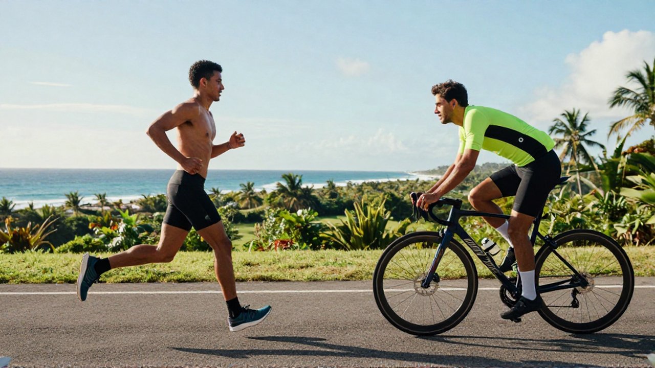Split-screen of a runner on a coastal path and a cyclist on a tropical road.