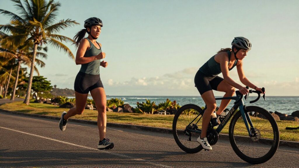 A split-screen composition of a female athlete running and cycling on a tropical coastal road.