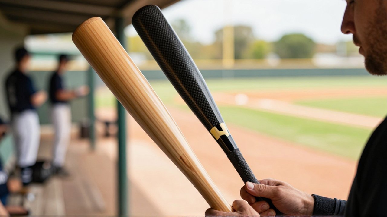 A baseball player's hands compare the texture of a maple wood bat and a composite bat.
