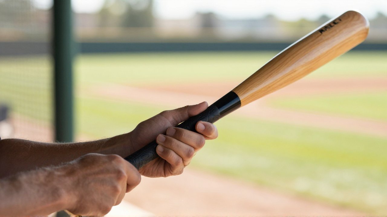 Close-up of a baseball player's hands gripping the textured handle of a wooden bat in a sunlit dugout.