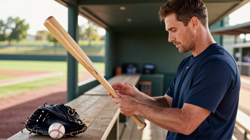 A professional baseball player carefully inspects a wooden bat while standing in a sunlit dugout.
