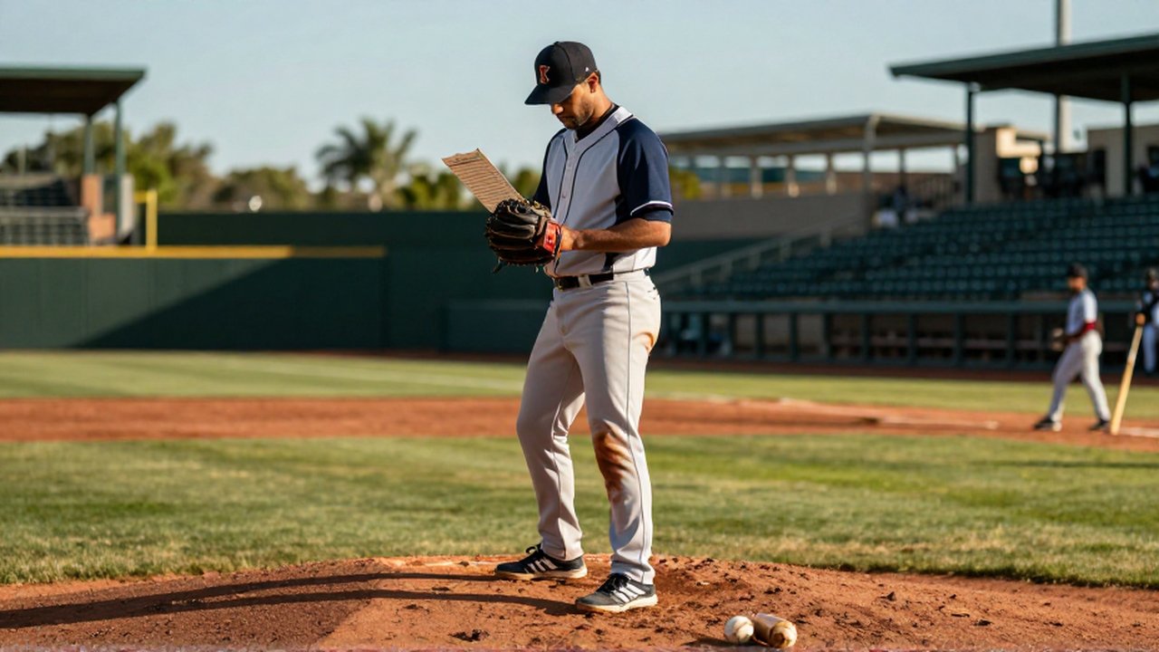 A focused baseball pitcher on a sun-drenched mound intensely studies a scorecard in his glove.