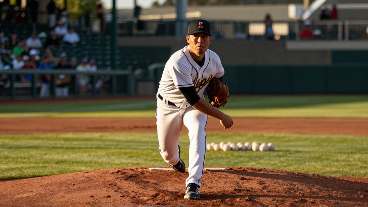 A focused baseball pitcher stares toward home plate on a sun-drenched mound during a game.