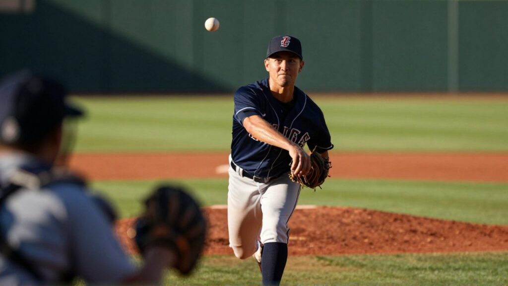A focused baseball pitcher prepares to throw a fastball on a sunlit stadium mound.