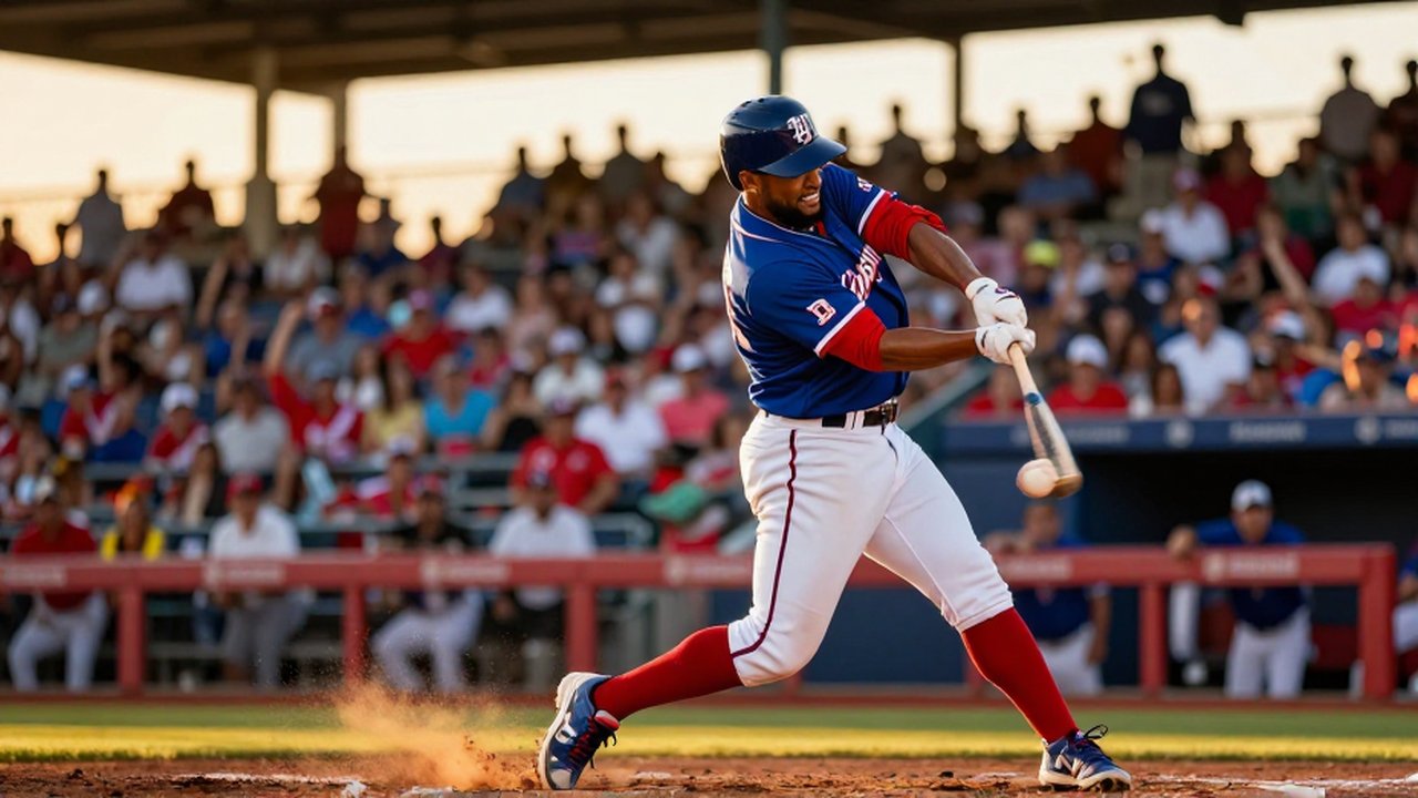A baseball player mid-swing during an evening game in a sun-drenched, crowded stadium.