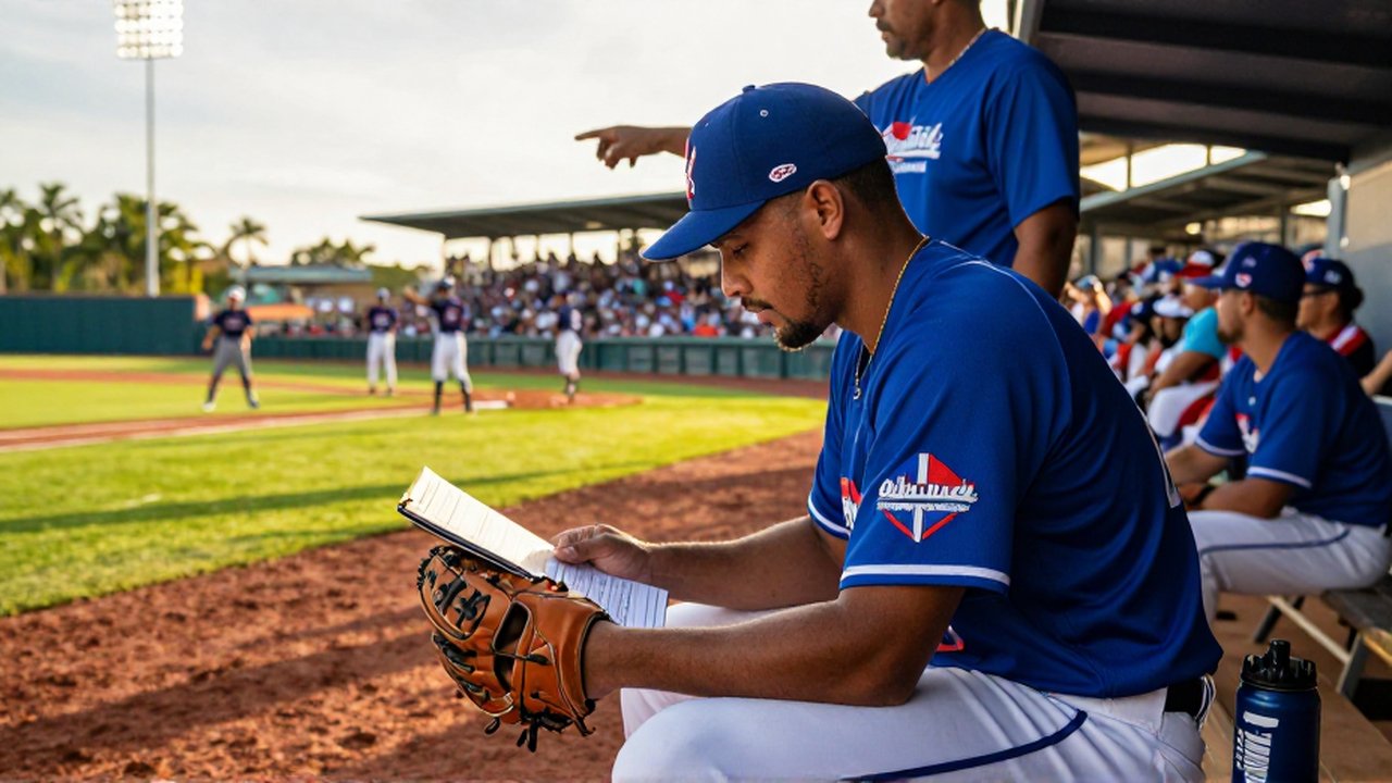 A baseball player in a blue uniform sits on a dugout bench studying a playbook during a sunset game.