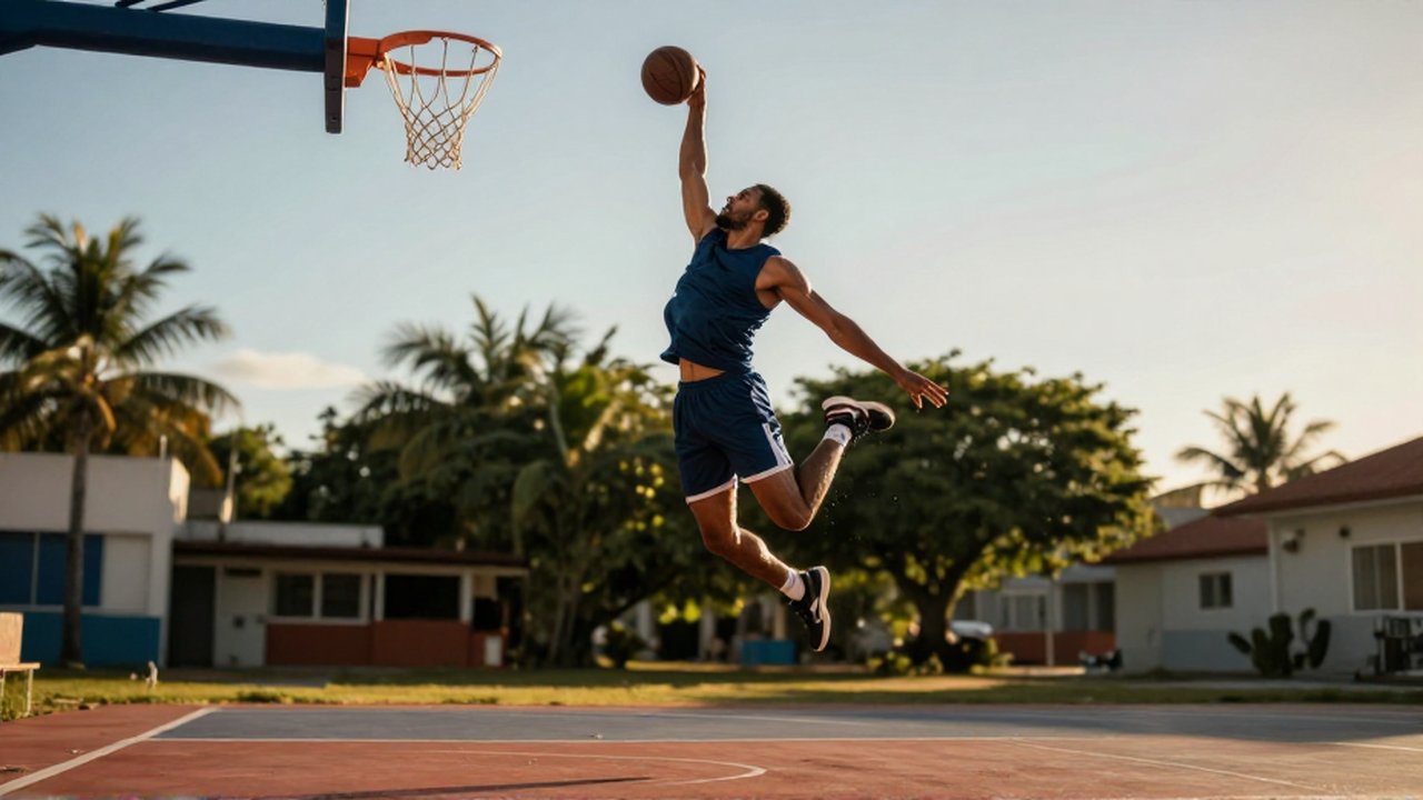 A muscular athlete leaps toward a basketball rim on an outdoor urban court during golden hour.