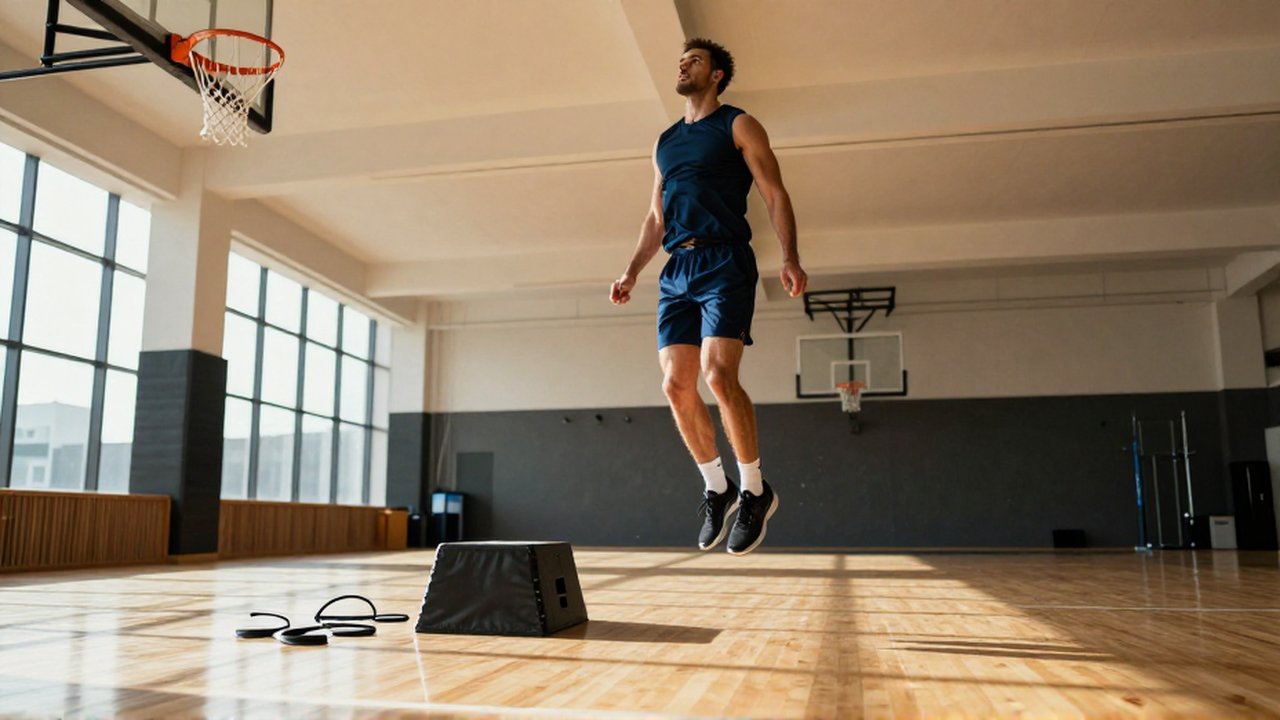 A muscular male athlete performs an explosive vertical jump inside a sunlit training facility.