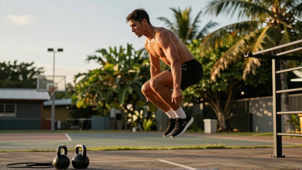 A muscular athlete performs an explosive vertical leap during an outdoor training session at sunset.